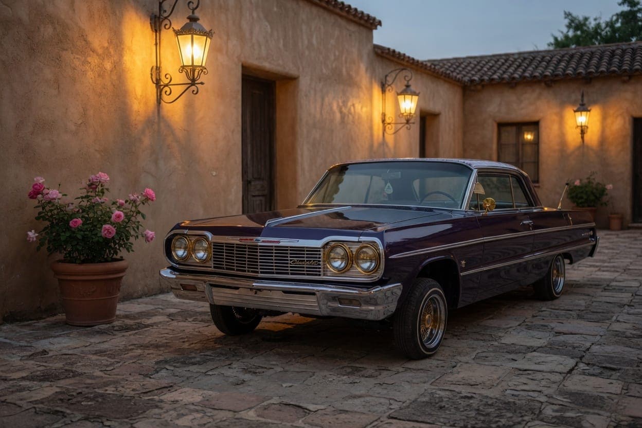 Lala — purple 1964 Impala lowrider in a quiet courtyard at dusk