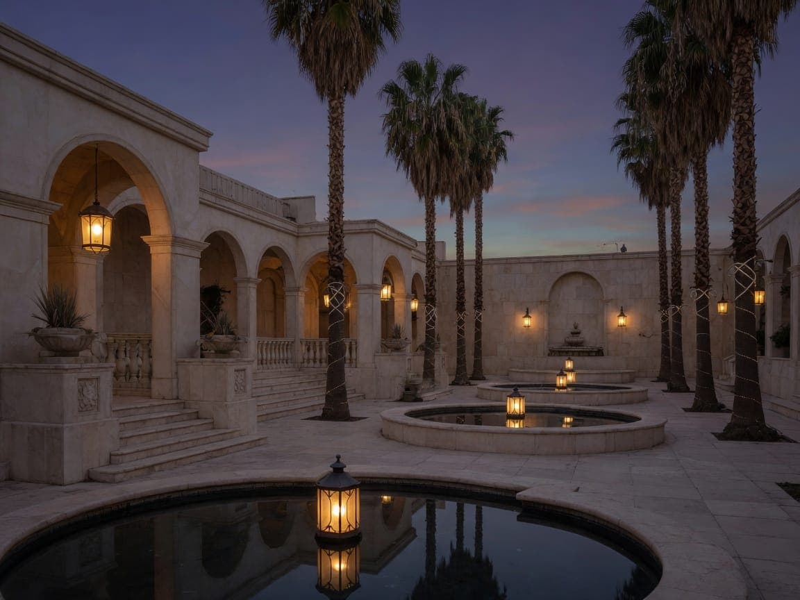 Palm trees and lanterns in a quiet Las Vegas hotel courtyard at twilight