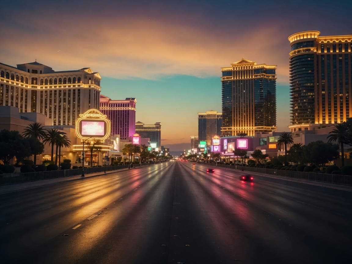 Las Vegas Boulevard at dusk, warm neon on the asphalt